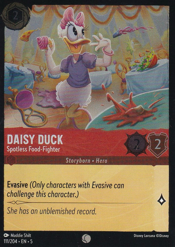 Cold Foil Daisy Duck - Spotless Food-Fighter 111/204 Common Shimmering Skies Disney Lorcana - guardiangamingtcgs