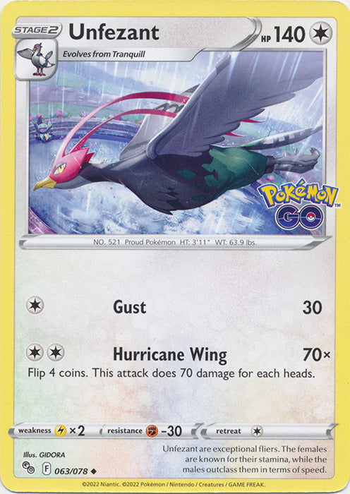 Unfezant 063/078 Uncommon Pokemon GO Pokemon TCG - guardiangamingtcgs