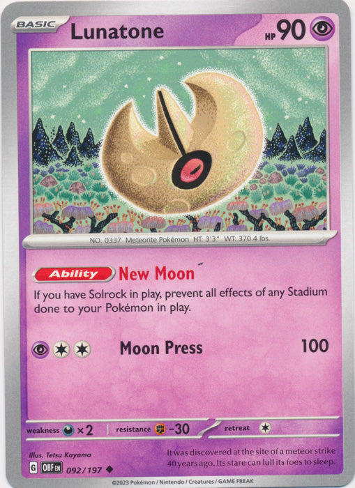 Lunatone 092/197 Uncommon Obsidian Flames Pokemon TCG - guardiangamingtcgs