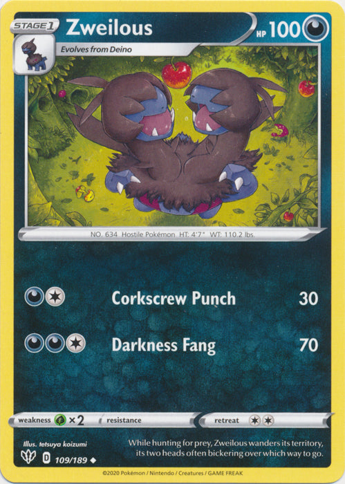 Zweilous 109/189 Uncommon Darkness Ablaze Pokemon TCG - guardiangamingtcgs