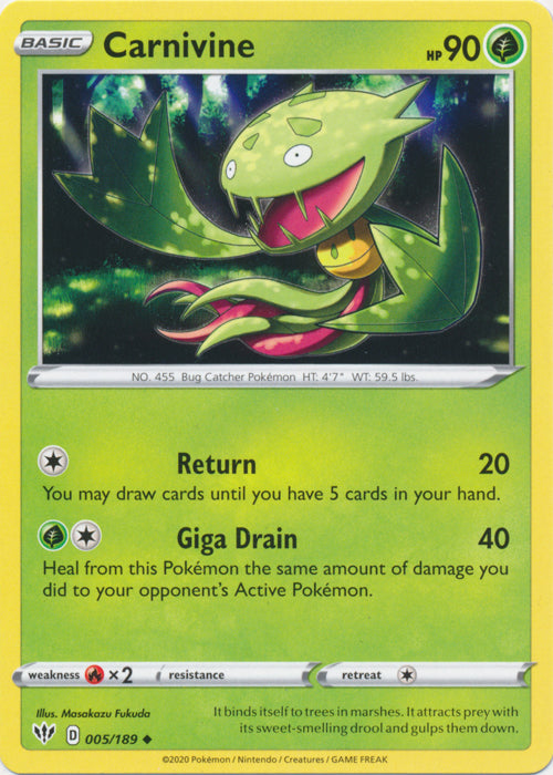 Carnivine 005/189 Uncommon Darkness Ablaze Pokemon TCG - guardiangamingtcgs
