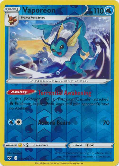 Reverse Holo Vaporeon 030/185 Rare Vivid Voltage Pokemon TCG - guardiangamingtcgs