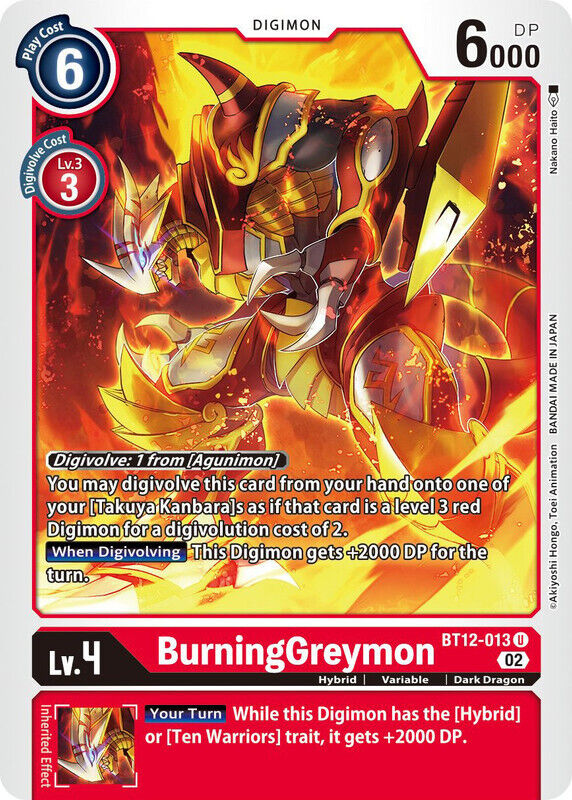 BurningGreymon BT12-013 U Across Time Digimon TCG - guardiangamingtcgs